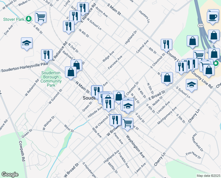 map of restaurants, bars, coffee shops, grocery stores, and more near 158 North 2nd Street in Souderton