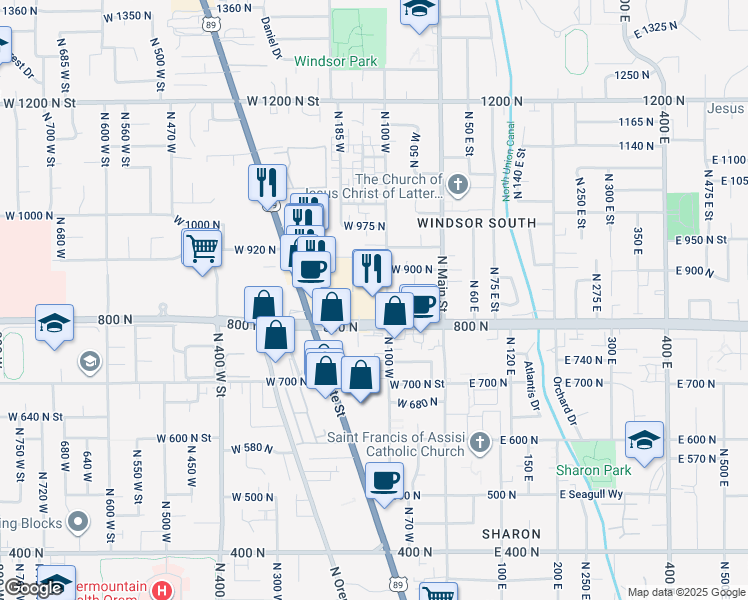 map of restaurants, bars, coffee shops, grocery stores, and more near 845 North 100 West in Orem