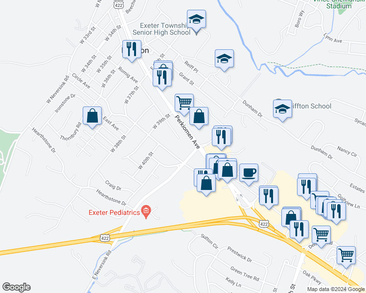 map of restaurants, bars, coffee shops, grocery stores, and more near 3970 Perkiomen Avenue in Reading