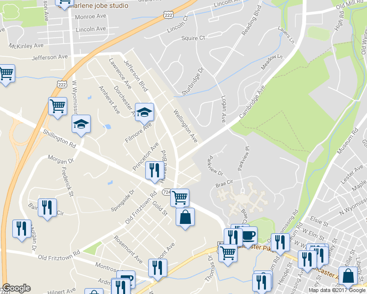 map of restaurants, bars, coffee shops, grocery stores, and more near 8 Oxford Avenue in West Lawn