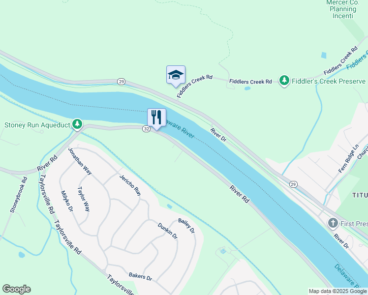 map of restaurants, bars, coffee shops, grocery stores, and more near 1241 River Road in Washington Crossing