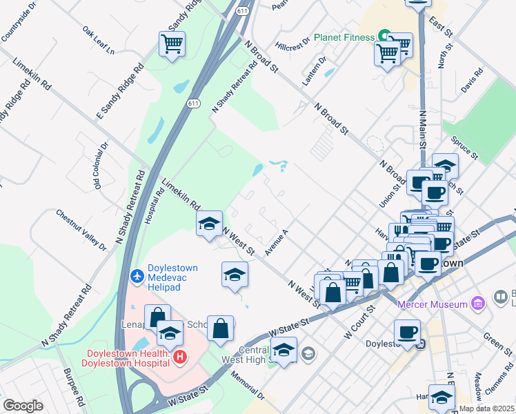 map of restaurants, bars, coffee shops, grocery stores, and more near 236 Hastings Court in Doylestown