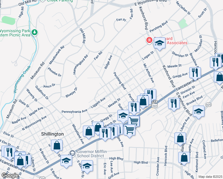 map of restaurants, bars, coffee shops, grocery stores, and more near 405 Summit Avenue in Reading