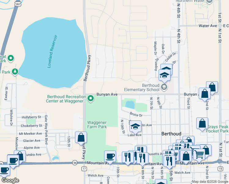 map of restaurants, bars, coffee shops, grocery stores, and more near 965 10th Street in Berthoud