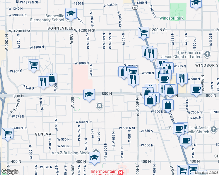 map of restaurants, bars, coffee shops, grocery stores, and more near 552 West 800 North in Orem