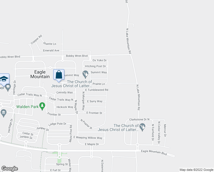 map of restaurants, bars, coffee shops, grocery stores, and more near 2456 Prairie Lane in Eagle Mountain