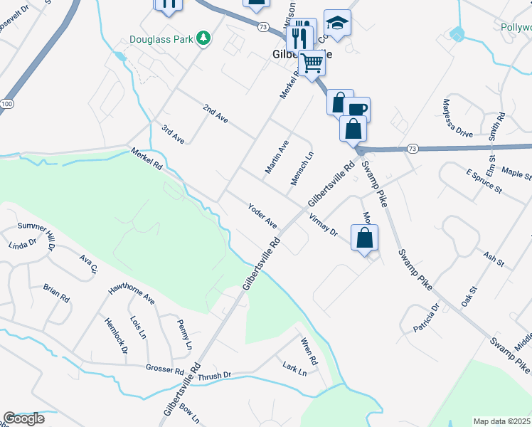 map of restaurants, bars, coffee shops, grocery stores, and more near 1449 Yoder Avenue in Gilbertsville