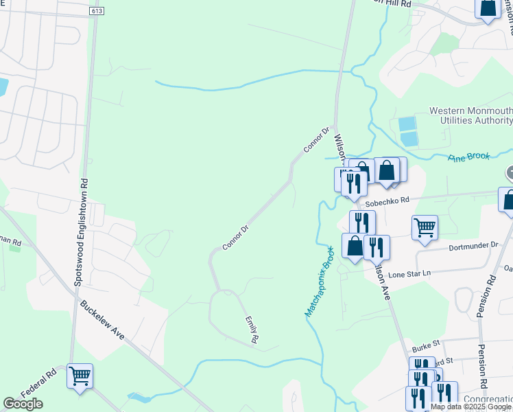map of restaurants, bars, coffee shops, grocery stores, and more near 8 Connor Drive in Manalapan Township