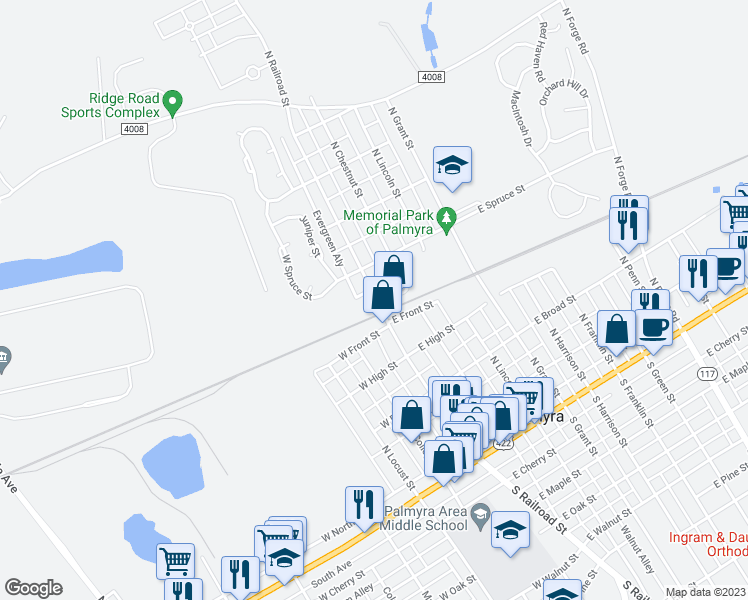 map of restaurants, bars, coffee shops, grocery stores, and more near 405 North Railroad Street in Palmyra