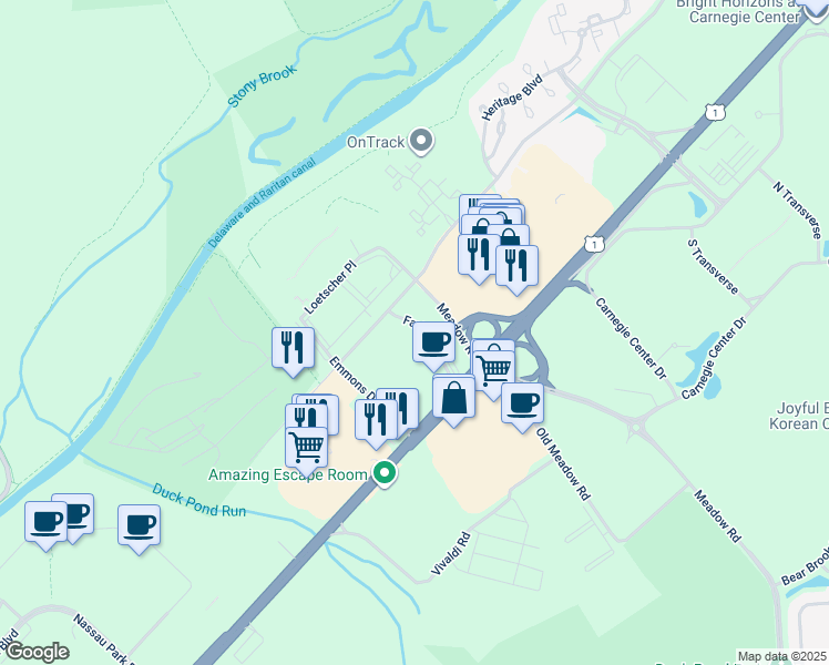 map of restaurants, bars, coffee shops, grocery stores, and more near 100 Woodstone Circle in Princeton