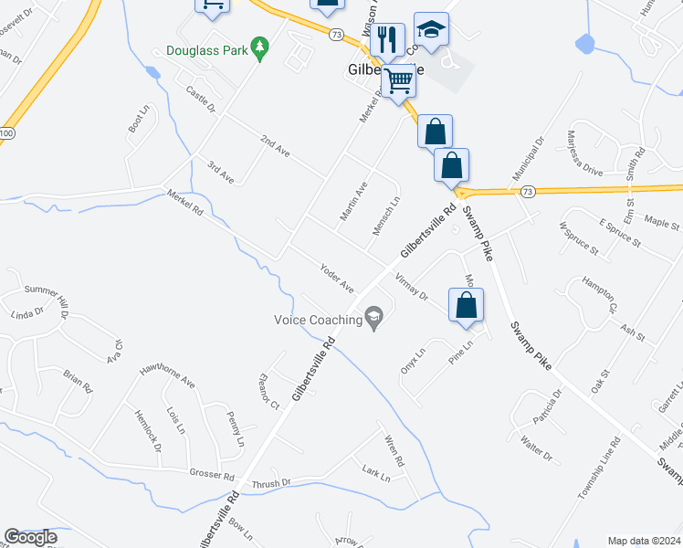 map of restaurants, bars, coffee shops, grocery stores, and more near 1449 Yoder Avenue in Gilbertsville