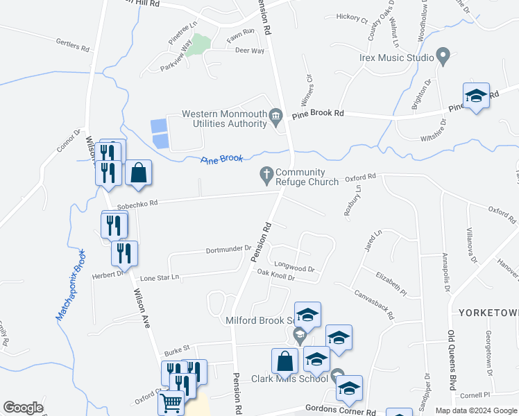 map of restaurants, bars, coffee shops, grocery stores, and more near 77 Pension Road in Englishtown