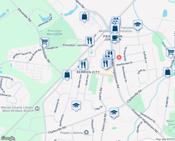 map of restaurants, bars, coffee shops, grocery stores, and more near 950 Alexander Road in West Windsor Township
