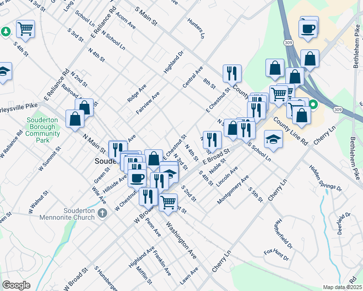 map of restaurants, bars, coffee shops, grocery stores, and more near 316 East Chestnut Street in Souderton