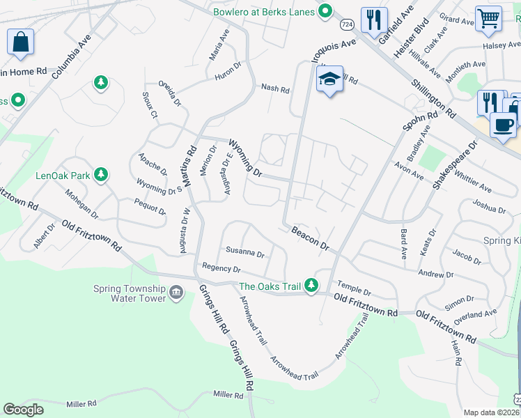 map of restaurants, bars, coffee shops, grocery stores, and more near 160 Nicole Way in Sinking Spring