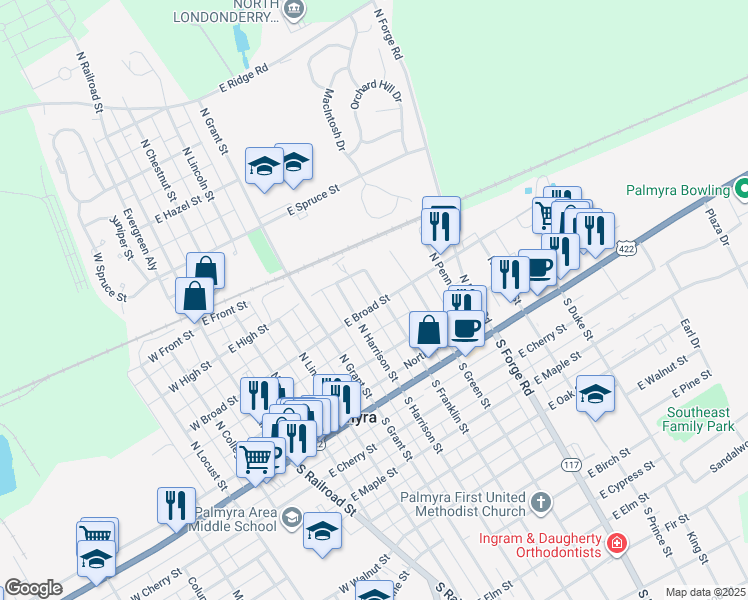 map of restaurants, bars, coffee shops, grocery stores, and more near 151 North Franklin Street in Palmyra