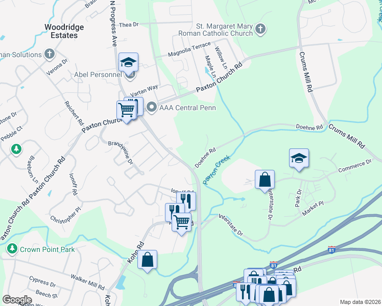 map of restaurants, bars, coffee shops, grocery stores, and more near 2500 Doehne Road in Harrisburg
