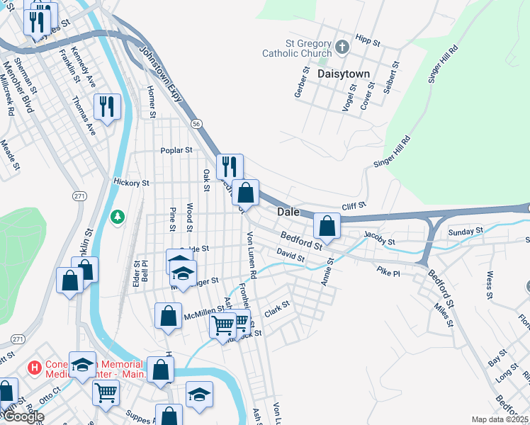 map of restaurants, bars, coffee shops, grocery stores, and more near 101-109 School Street in Johnstown