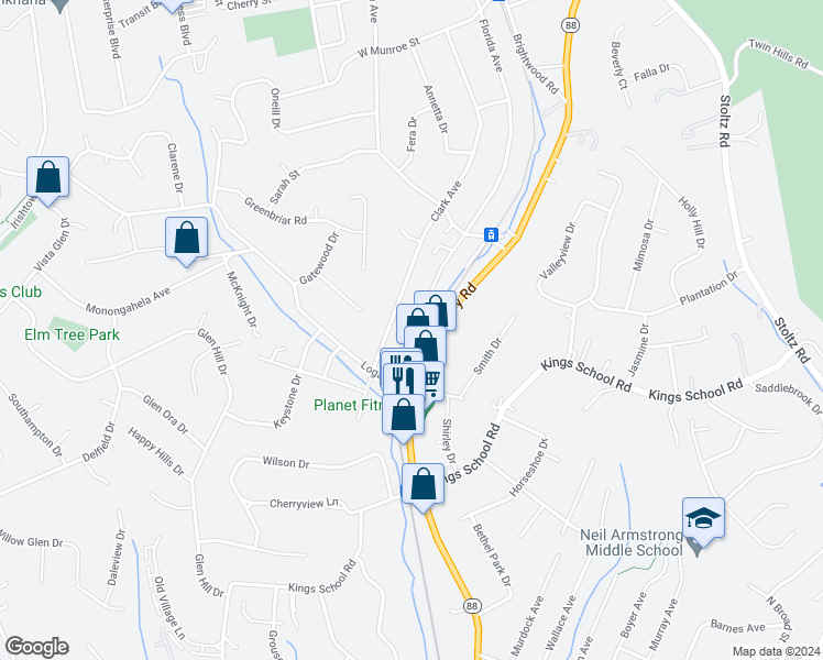 map of restaurants, bars, coffee shops, grocery stores, and more near 5761 Library Road in Bethel Park