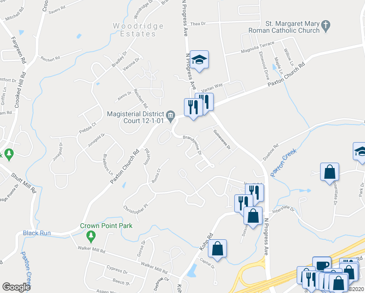 map of restaurants, bars, coffee shops, grocery stores, and more near 2224 Buttonwood Circle in Harrisburg
