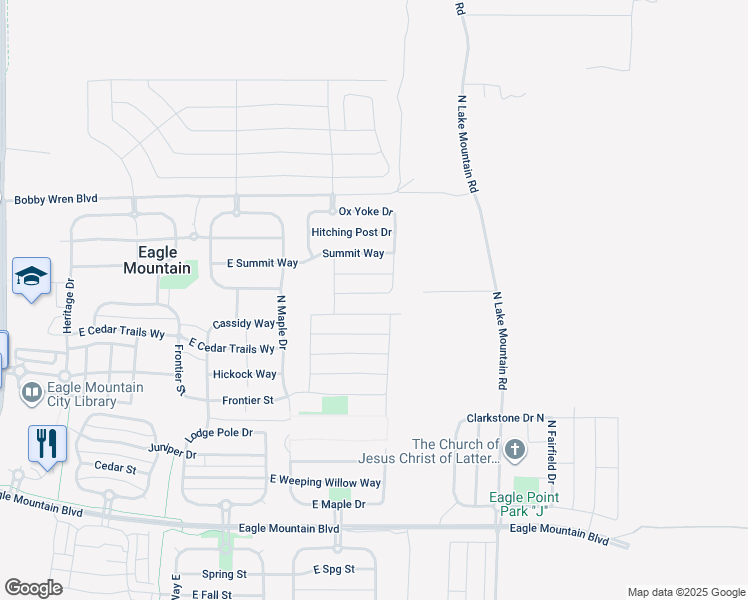 map of restaurants, bars, coffee shops, grocery stores, and more near 2418 Prairie Lane in Eagle Mountain