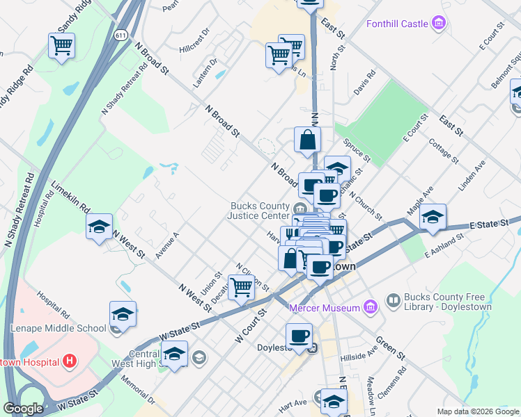 map of restaurants, bars, coffee shops, grocery stores, and more near 156 Shewell Avenue in Doylestown