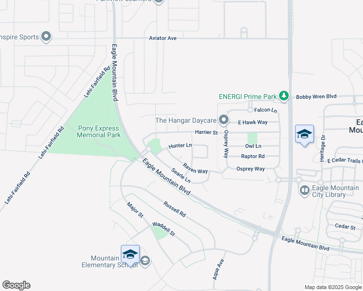 map of restaurants, bars, coffee shops, grocery stores, and more near Hunter Lane in Eagle Mountain