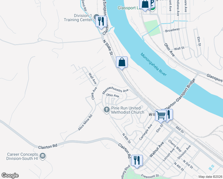 map of restaurants, bars, coffee shops, grocery stores, and more near 231 Evergreen Way in Clairton