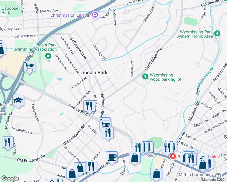 map of restaurants, bars, coffee shops, grocery stores, and more near 25 Cambridge Avenue in West Lawn