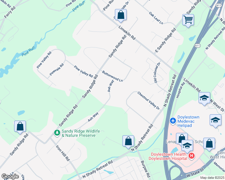 map of restaurants, bars, coffee shops, grocery stores, and more near 145 Ash Way in Doylestown