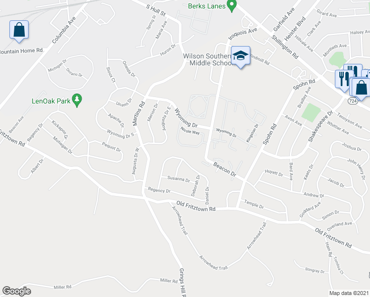 map of restaurants, bars, coffee shops, grocery stores, and more near 154 Nicole Way in Reading