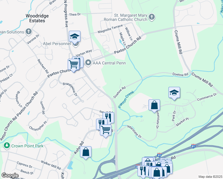 map of restaurants, bars, coffee shops, grocery stores, and more near 2500 Doehne Road in Harrisburg