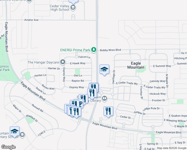 map of restaurants, bars, coffee shops, grocery stores, and more near 4504 Kestrel Way in Eagle Mountain