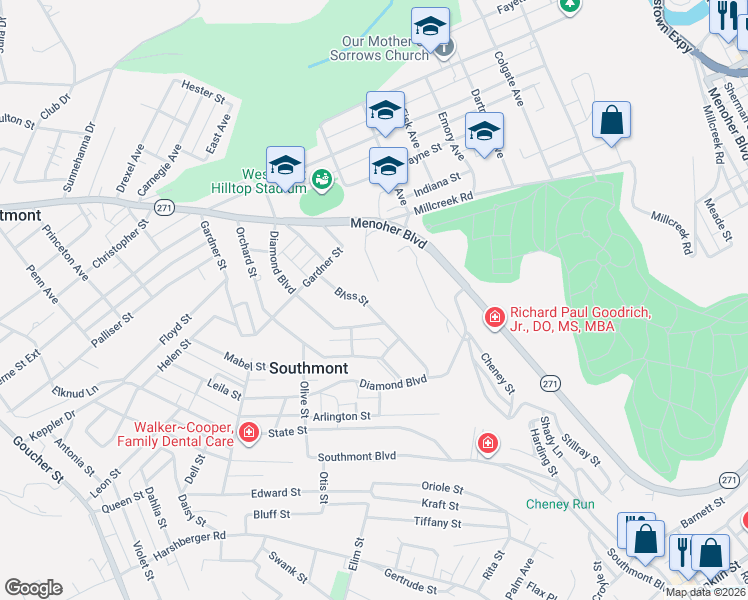 map of restaurants, bars, coffee shops, grocery stores, and more near 369 Bliss Street in Johnstown