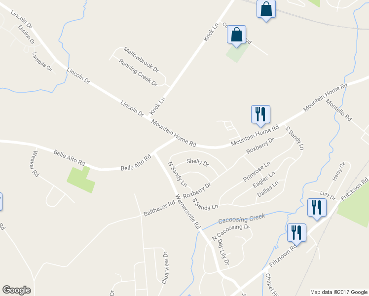 map of restaurants, bars, coffee shops, grocery stores, and more near 218 North Sandy Lane in Sinking Spring