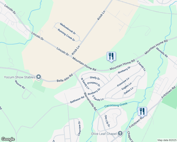 map of restaurants, bars, coffee shops, grocery stores, and more near 218 North Sandy Lane in Sinking Spring