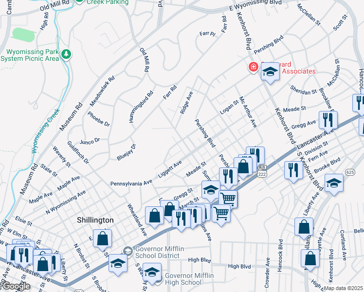 map of restaurants, bars, coffee shops, grocery stores, and more near 409 Hill Circle in Reading