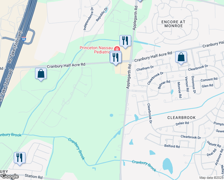 map of restaurants, bars, coffee shops, grocery stores, and more near 298 Applegarth Road in Monroe Township