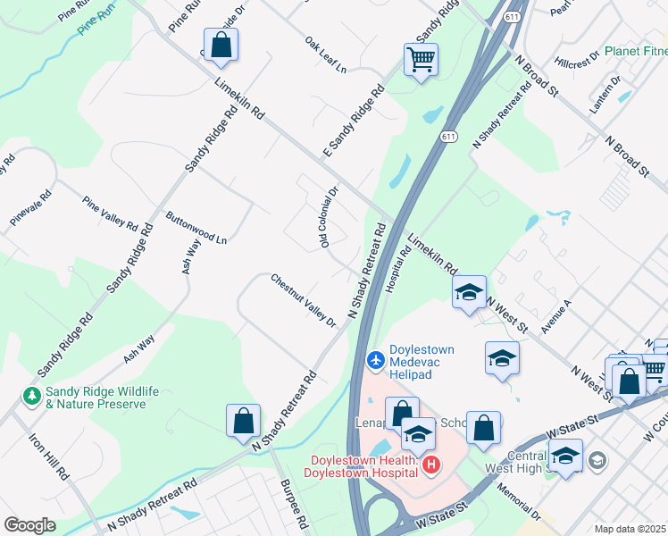 map of restaurants, bars, coffee shops, grocery stores, and more near 8 Washington Square in Doylestown