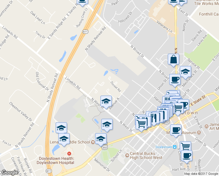 map of restaurants, bars, coffee shops, grocery stores, and more near 229 Hastings Court in Doylestown