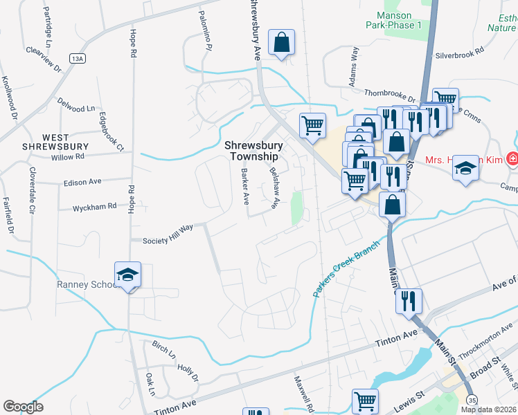 map of restaurants, bars, coffee shops, grocery stores, and more near 121 Belshaw Avenue in Eatontown