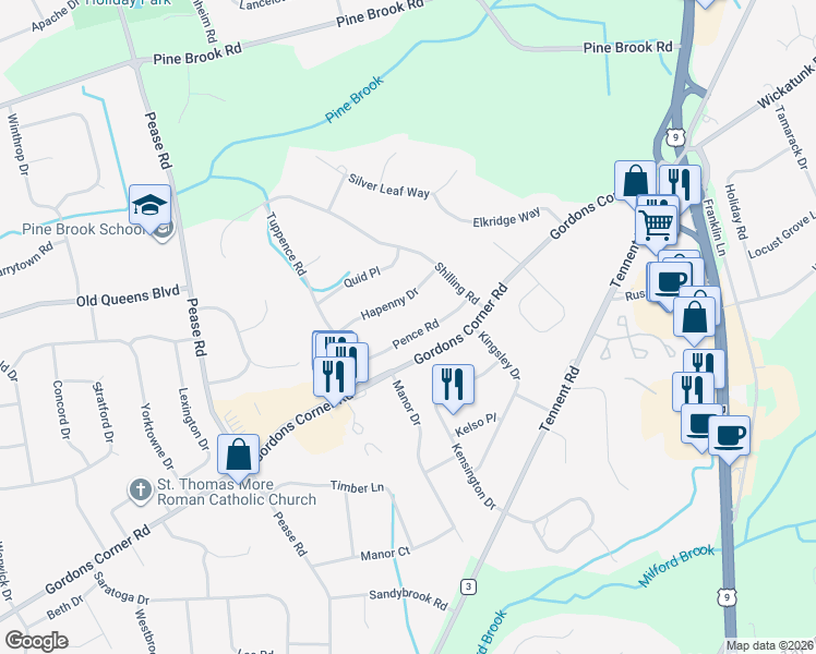 map of restaurants, bars, coffee shops, grocery stores, and more near 13 Pence Road in Manalapan Township