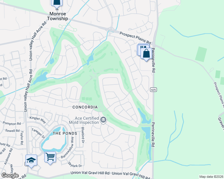 map of restaurants, bars, coffee shops, grocery stores, and more near 14 Dorchester Drive in Monroe Township