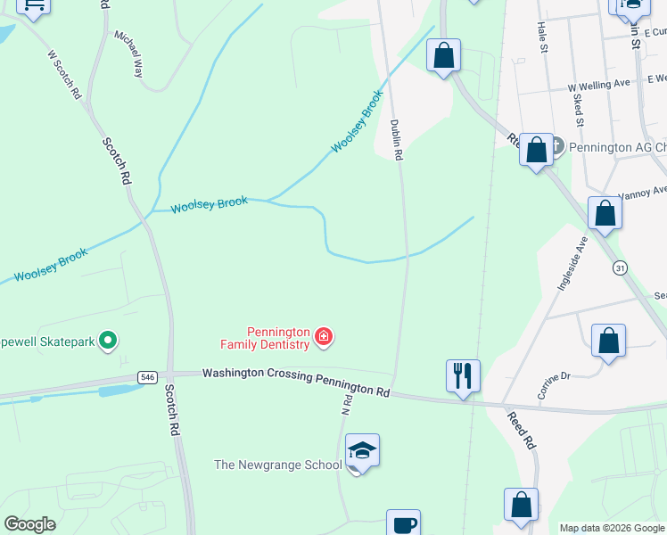 map of restaurants, bars, coffee shops, grocery stores, and more near 117 Washington Crossing Pennington Road in Pennington