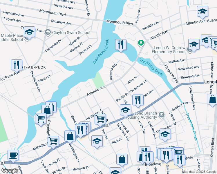 map of restaurants, bars, coffee shops, grocery stores, and more near 366 Atlantic Avenue in Long Branch