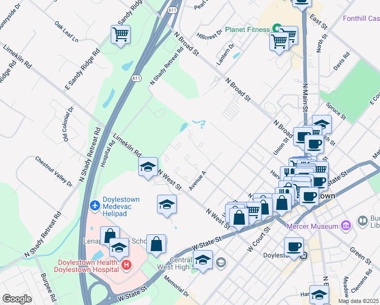 map of restaurants, bars, coffee shops, grocery stores, and more near 229 Hastings Court in Doylestown