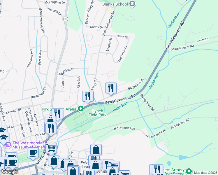 map of restaurants, bars, coffee shops, grocery stores, and more near 1008 Southway Drive in Greensburg