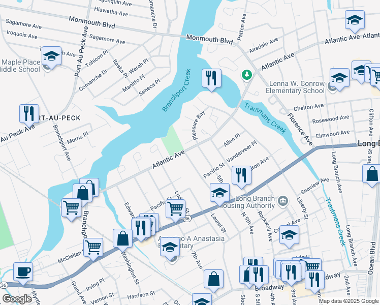 map of restaurants, bars, coffee shops, grocery stores, and more near 366 Atlantic Avenue in Long Branch