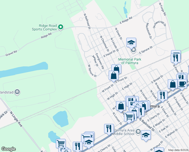 map of restaurants, bars, coffee shops, grocery stores, and more near 298 W Spruce St in Palmyra