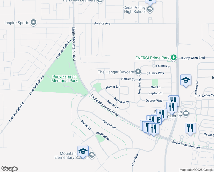 map of restaurants, bars, coffee shops, grocery stores, and more near 1036 Raven Way in Eagle Mountain